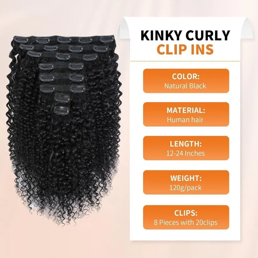 Kinky Curly Human Hair Clip Ins 14 Inch 8Pcs Natural Black No Shedding